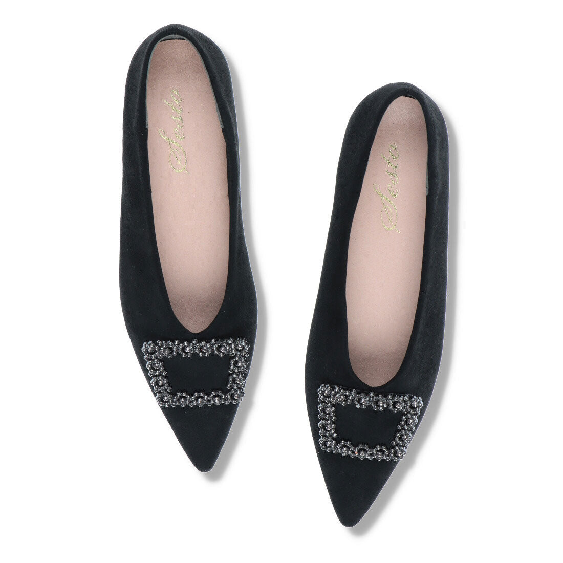 セスト SESTO ビジューモチーフVカットポインテッドトゥフラットパンプス