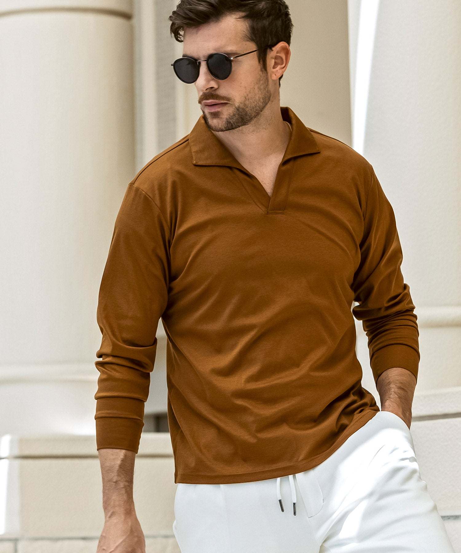 ウノ ピゥ ウノ ウグァーレ トレ リラックス 1PIU1UGUALE3 RELAX シルク混 イタリアンカラー ロングTシャツ 長袖Tシャツ (ブラウン) ブラウン