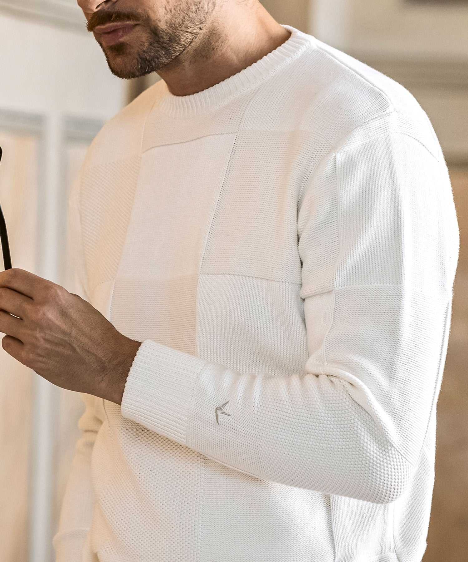 ウノ ピゥ ウノ ウグァーレ トレ リラックス 1PIU1UGUALE3 RELAX ブロックパターン ヘビーウェイト クルーネックニット (ホワイト) ホワイト