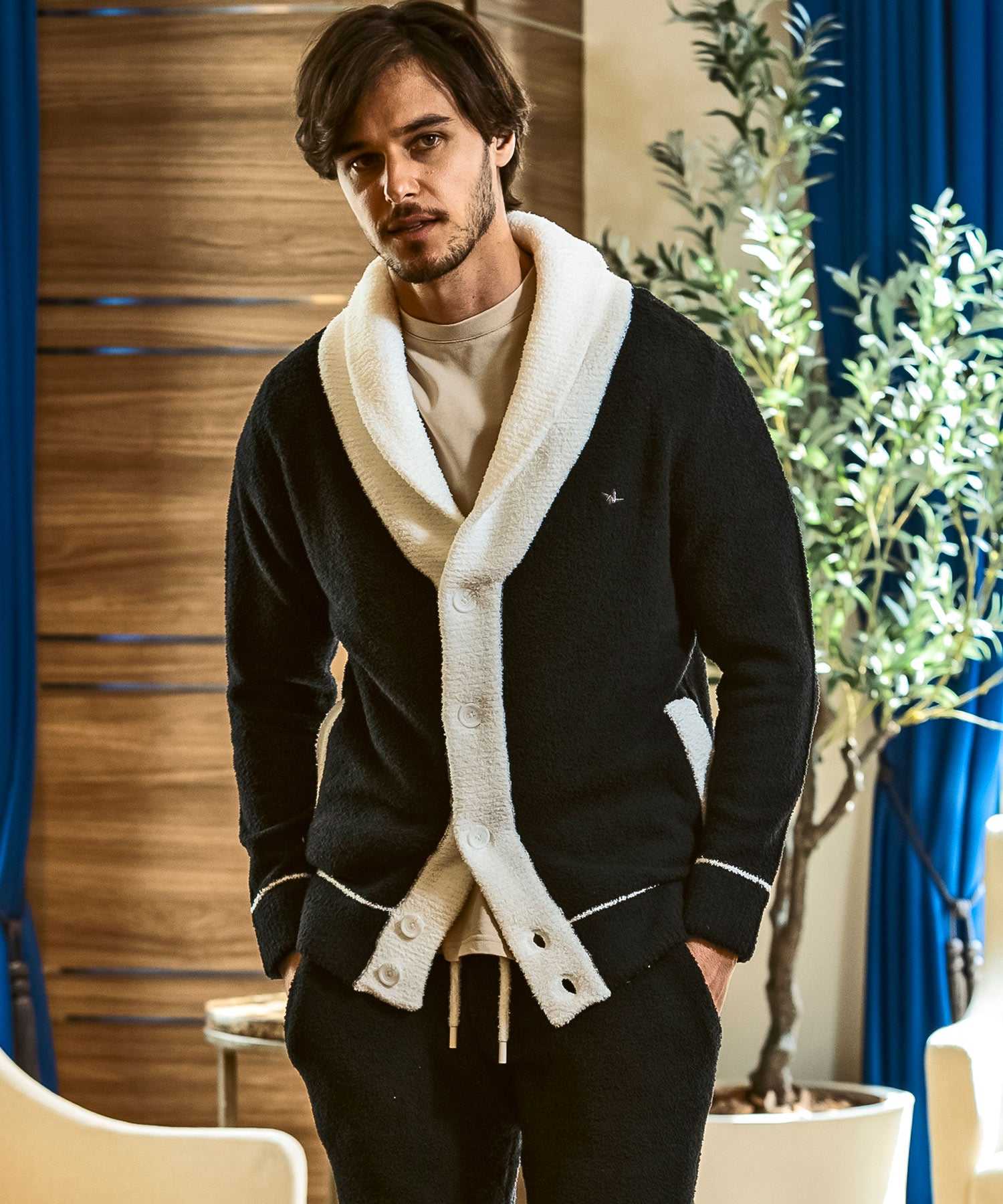 ウノ ピゥ ウノ ウグァーレ トレ リラックス 1PIU1UGUALE3 RELAX バイカラー ショールカラー ニットカーディガン(保温性/伸縮性) (ブラック) ブラック