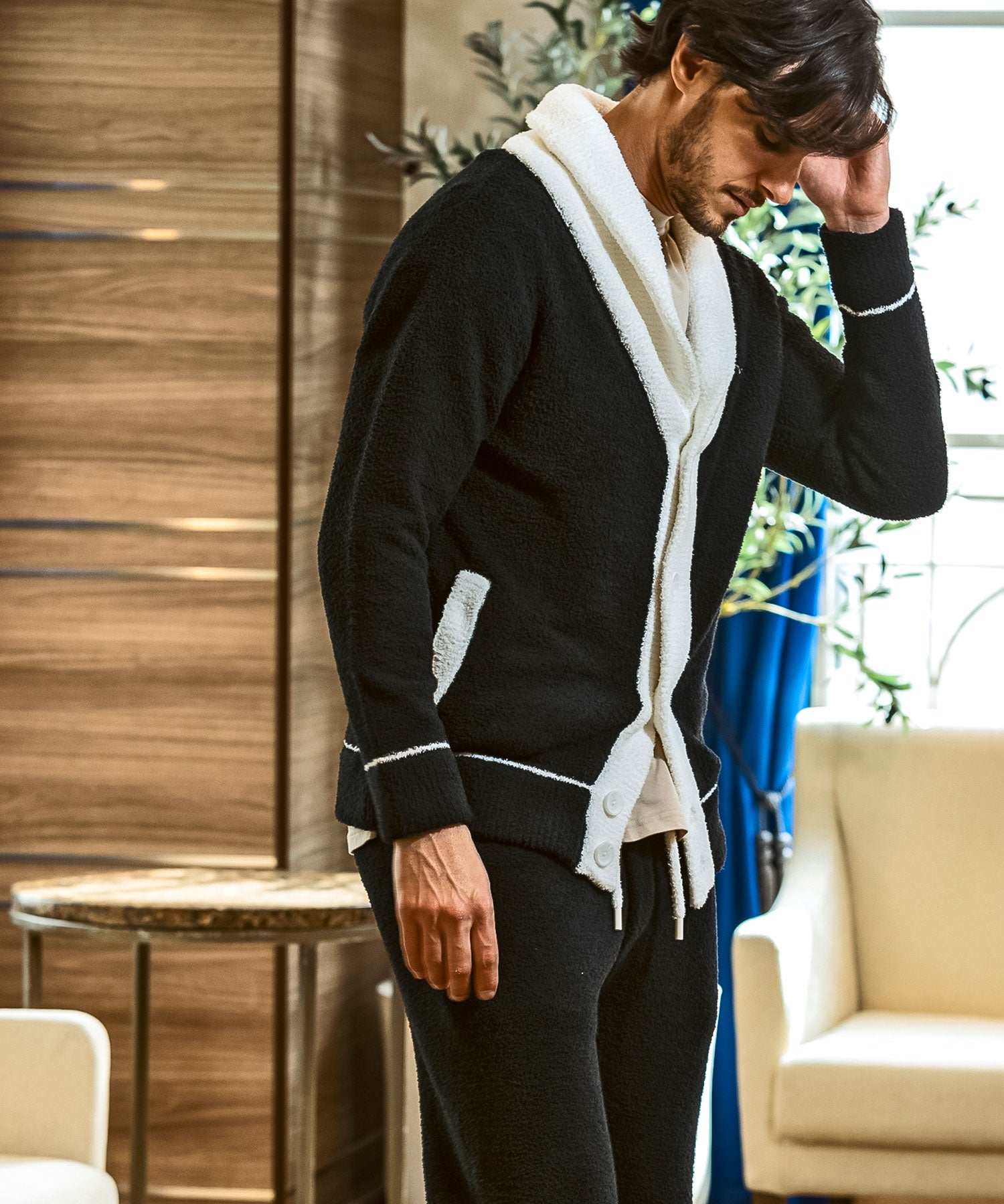 ウノ ピゥ ウノ ウグァーレ トレ リラックス 1PIU1UGUALE3 RELAX バイカラー ショールカラー ニットカーディガン(保温性/伸縮性) (ブラック) ブラック