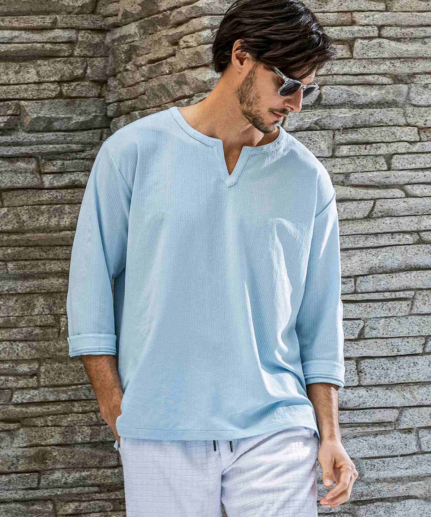 akm ページ　SCA-57/LNA AKM Contemporary Seersucker Key Neck Pullover Stretch Shirt Short Slee