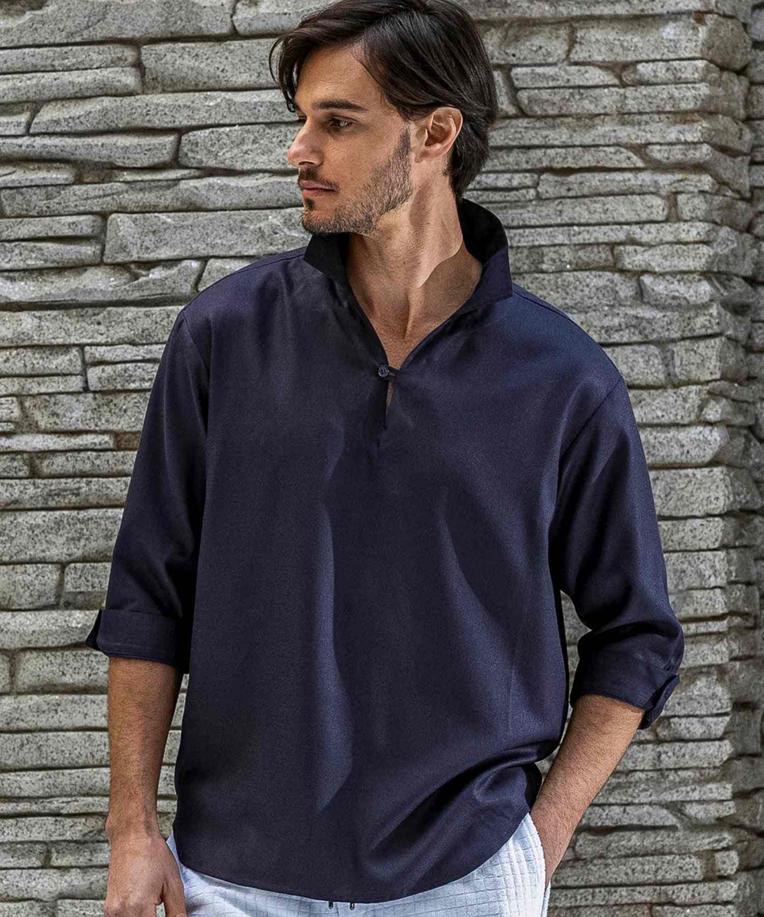 エイケイエムコンテンポラリー AKM Contemporary スキッパープルオーバーシャツ 半袖シャツ (ネイビー) ネイビー