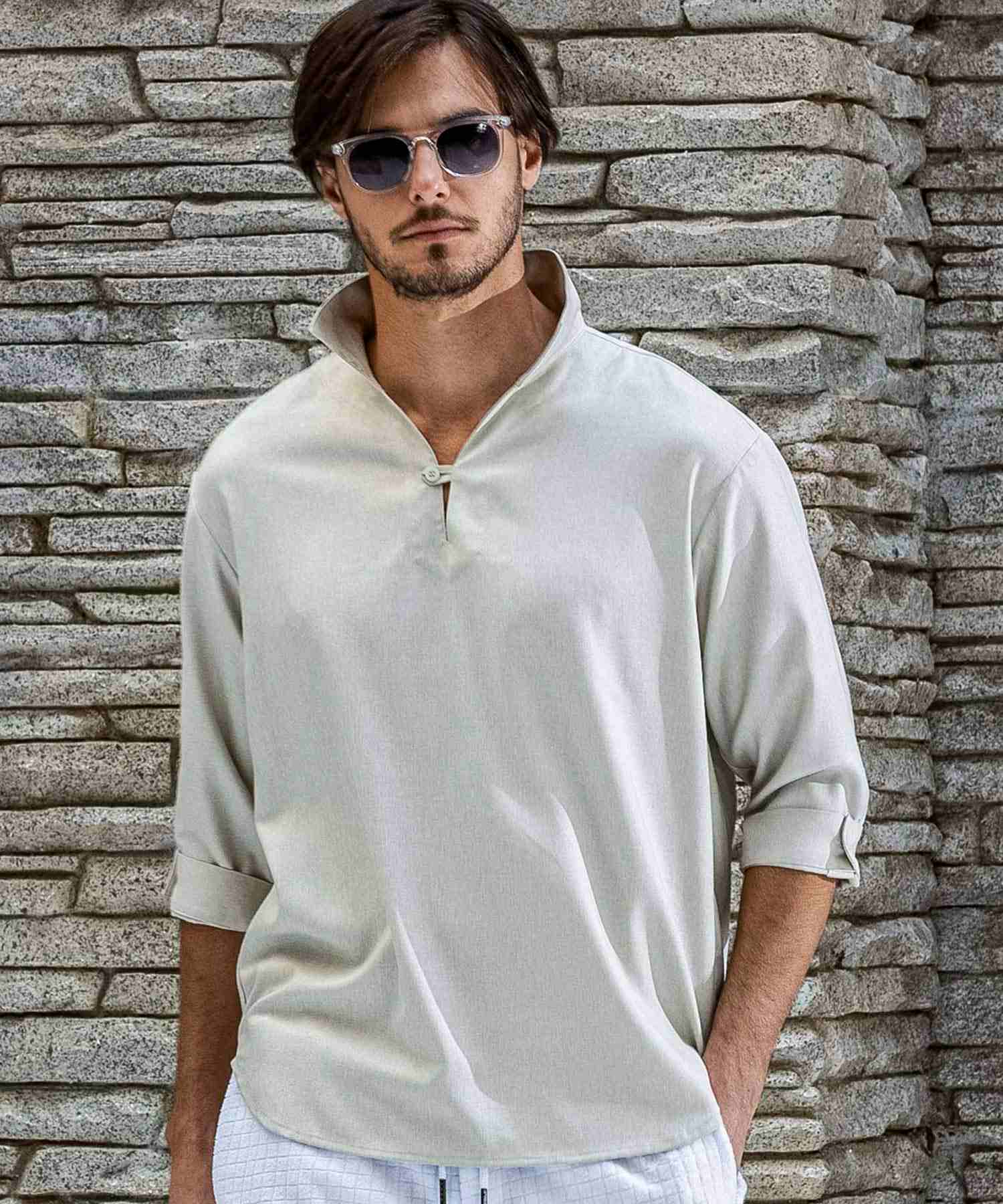 エイケイエムコンテンポラリー AKM Contemporary スキッパープルオーバーシャツ 半袖シャツ (ベージュ) ベージュ