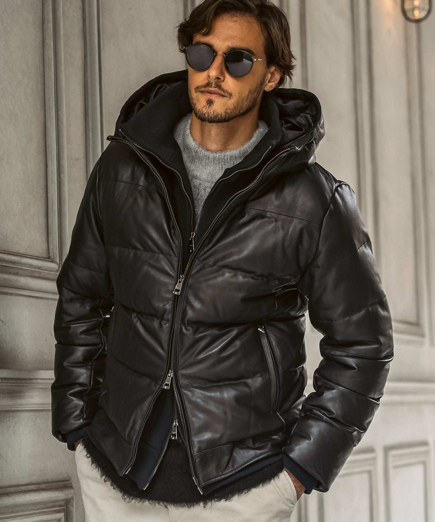 エイケイエムコンテンポラリー AKM Contemporary キルティング レザーレイヤード ダウンジャケット(保温性/防風性) (ブラック) ブラック