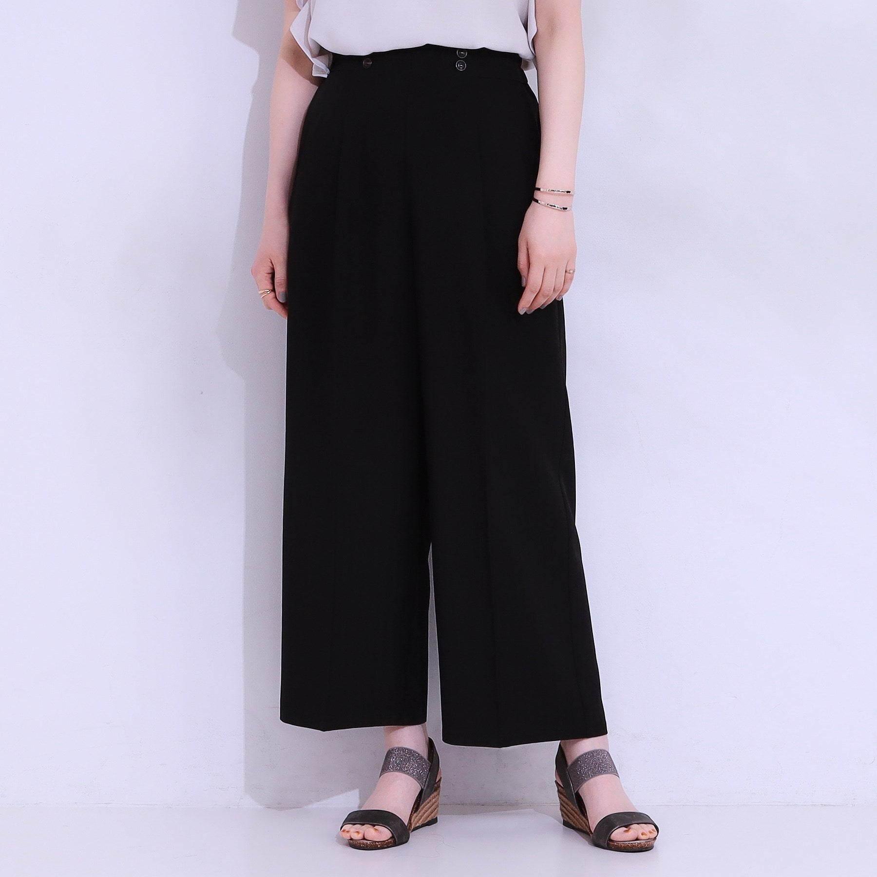 シューラルー SHOO・LA・RUE 【セットアップ可】麻調ストライプワイドパンツ (ブラック(019)) ブラック(019)