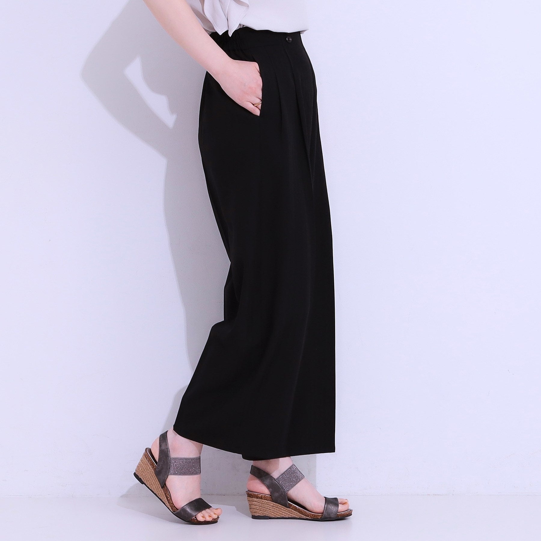 シューラルー SHOO・LA・RUE 【セットアップ可】麻調ストライプワイドパンツ (ブラック(019)) ブラック(019)