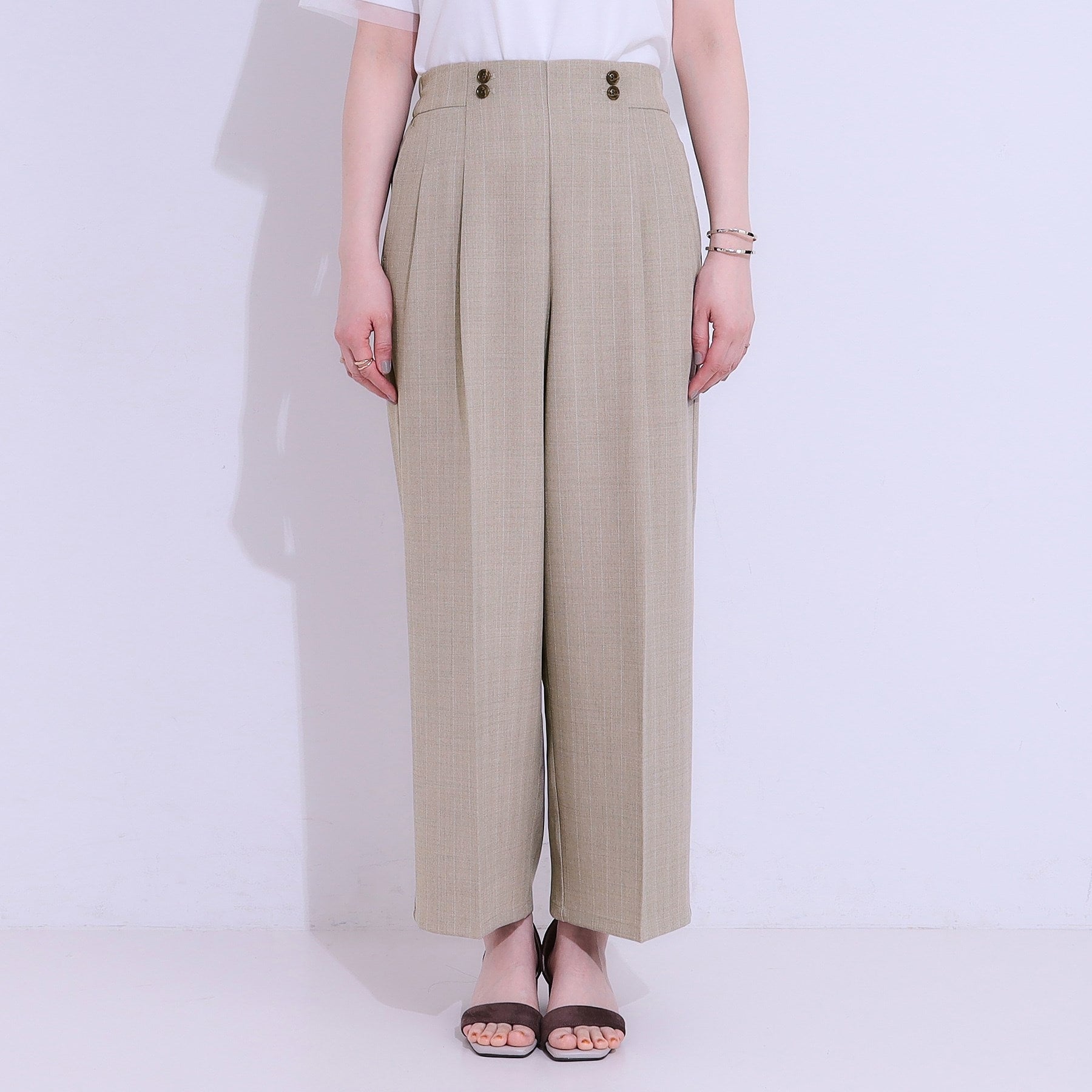 シューラルー SHOO・LA・RUE 【セットアップ可】麻調ストライプワイドパンツ (ブラック(019)) ブラック(019)