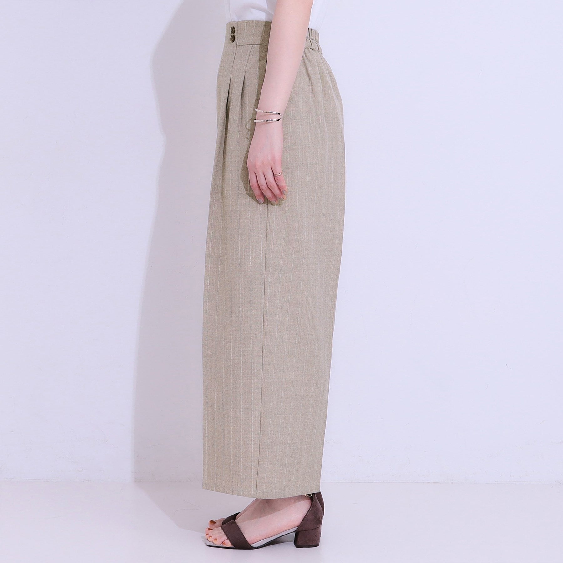 シューラルー SHOO・LA・RUE 【セットアップ可】麻調ストライプワイドパンツ (ブラック(019)) ブラック(019)