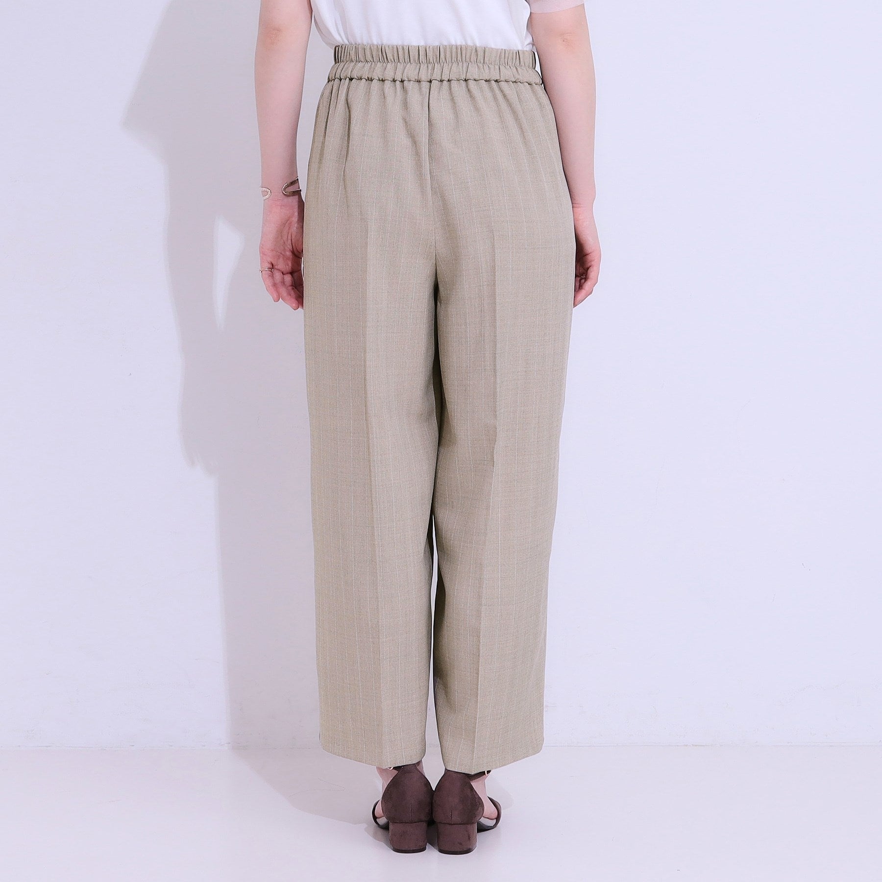 シューラルー SHOO・LA・RUE 【セットアップ可】麻調ストライプワイドパンツ (ブラック(019)) ブラック(019)