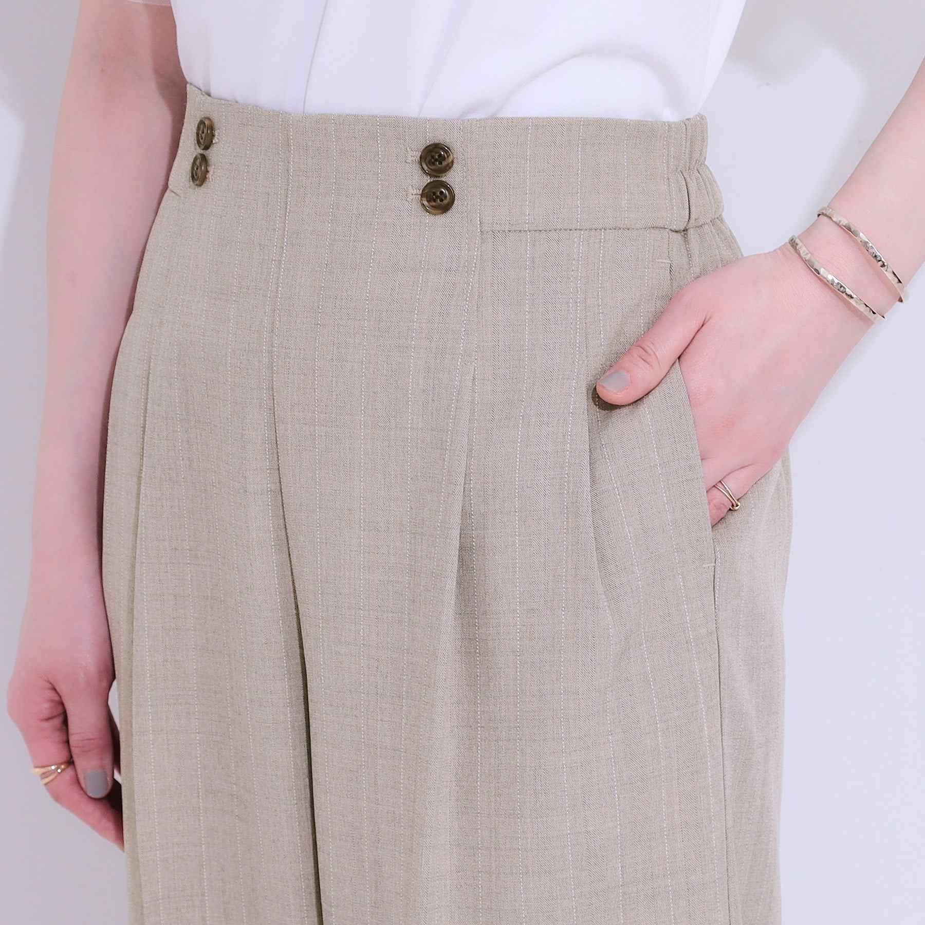 シューラルー SHOO・LA・RUE 【セットアップ可】麻調ストライプワイドパンツ (ブラック(019)) ブラック(019)