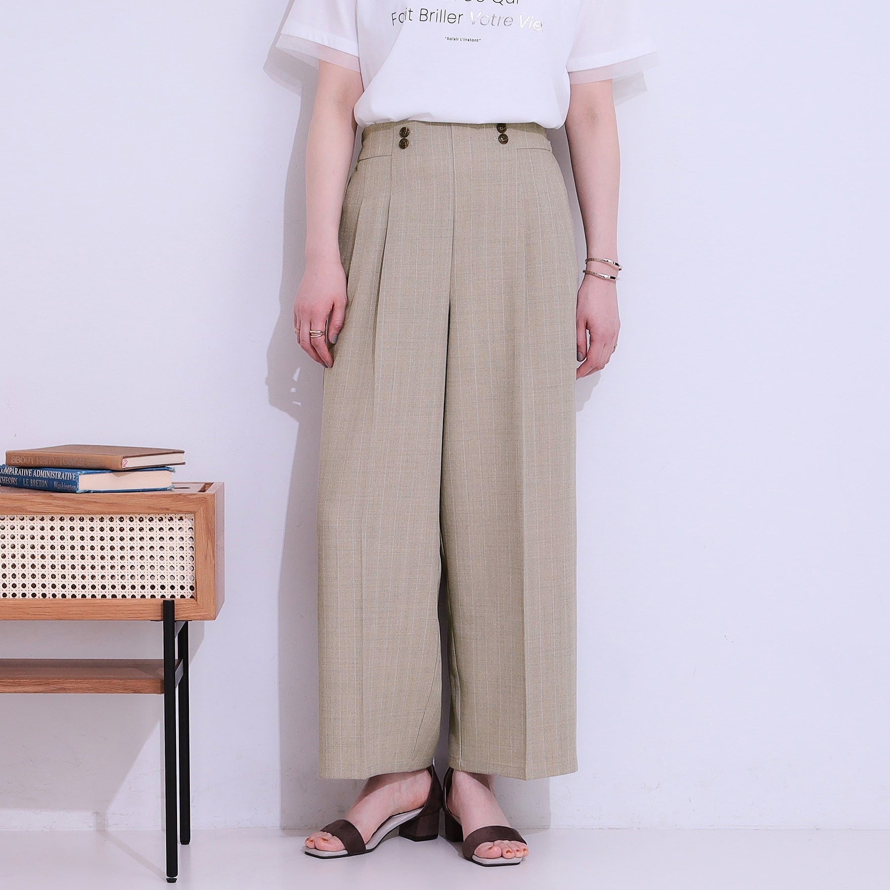 シューラルー SHOO・LA・RUE 【セットアップ可】麻調ストライプワイドパンツ (ブラック(019)) ブラック(019)