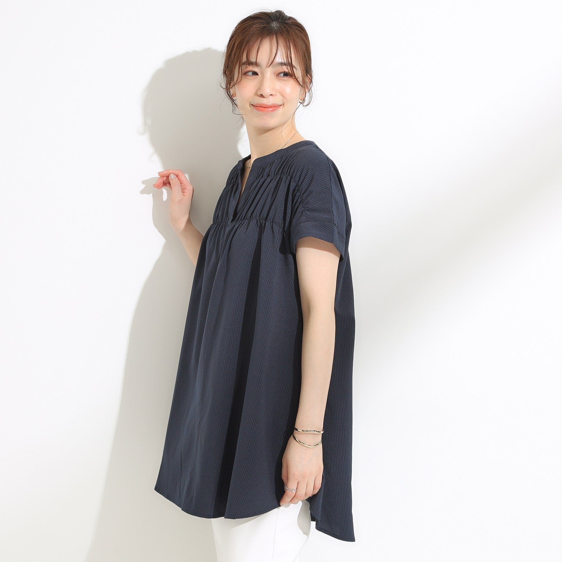 シューラルー SHOO・LA・RUE 涼しく体型カバー サッカーストライプチュニックブラウス (ネイビー(394)) ネイビー(394)