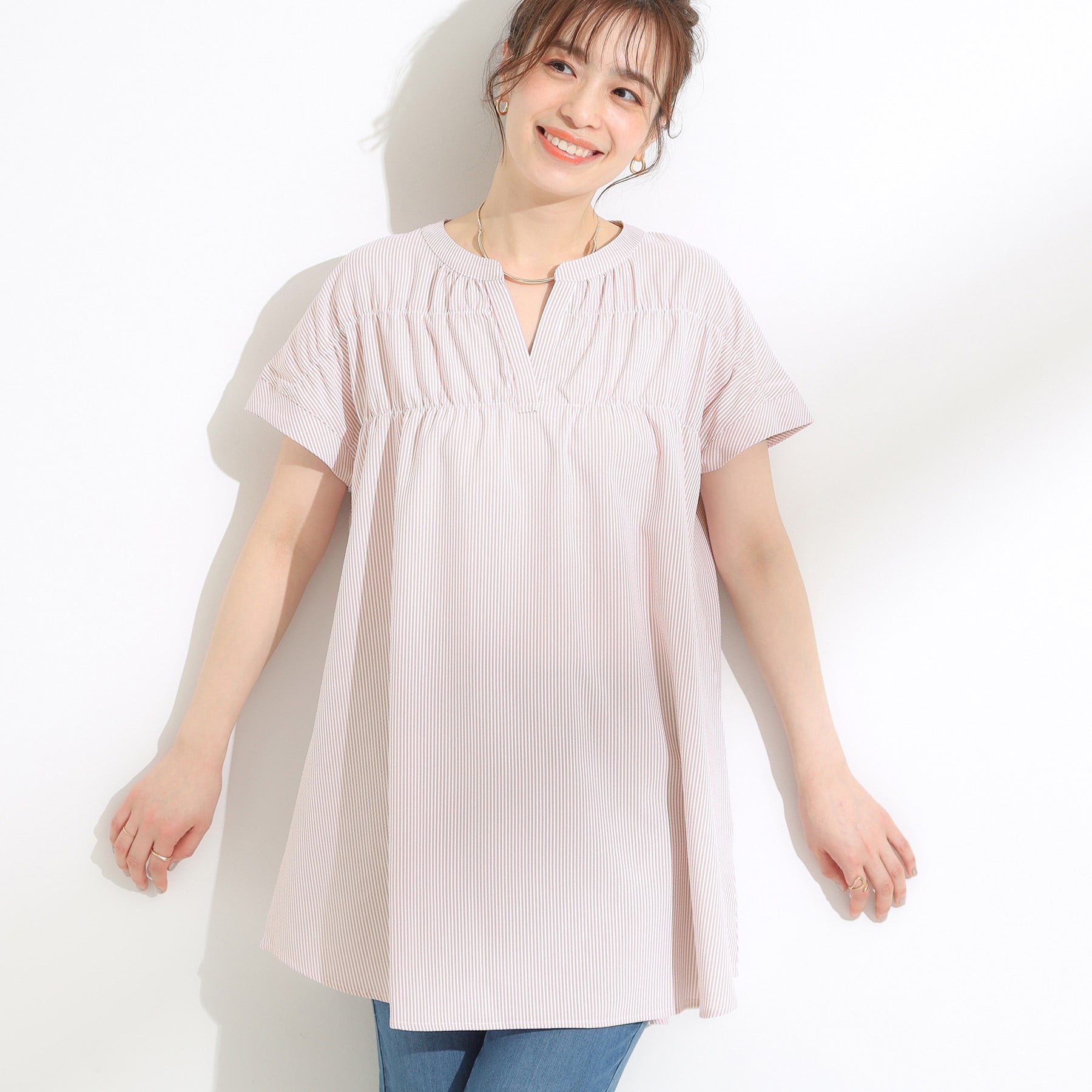 シューラルー SHOO・LA・RUE 涼しく体型カバー サッカーストライプチュニックブラウス (ピンク(371)) ピンク(371)