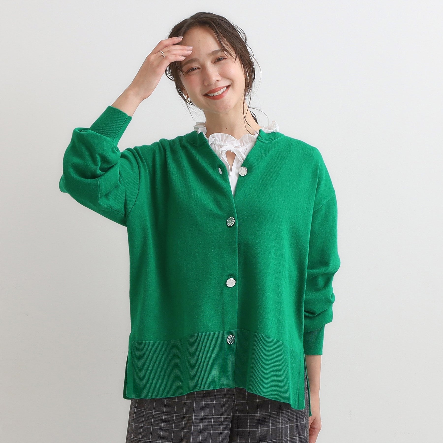 シューラルー SHOO・LA・RUE スウェットライク キーネックカーディガン (グリーン(022)) グリーン(022)