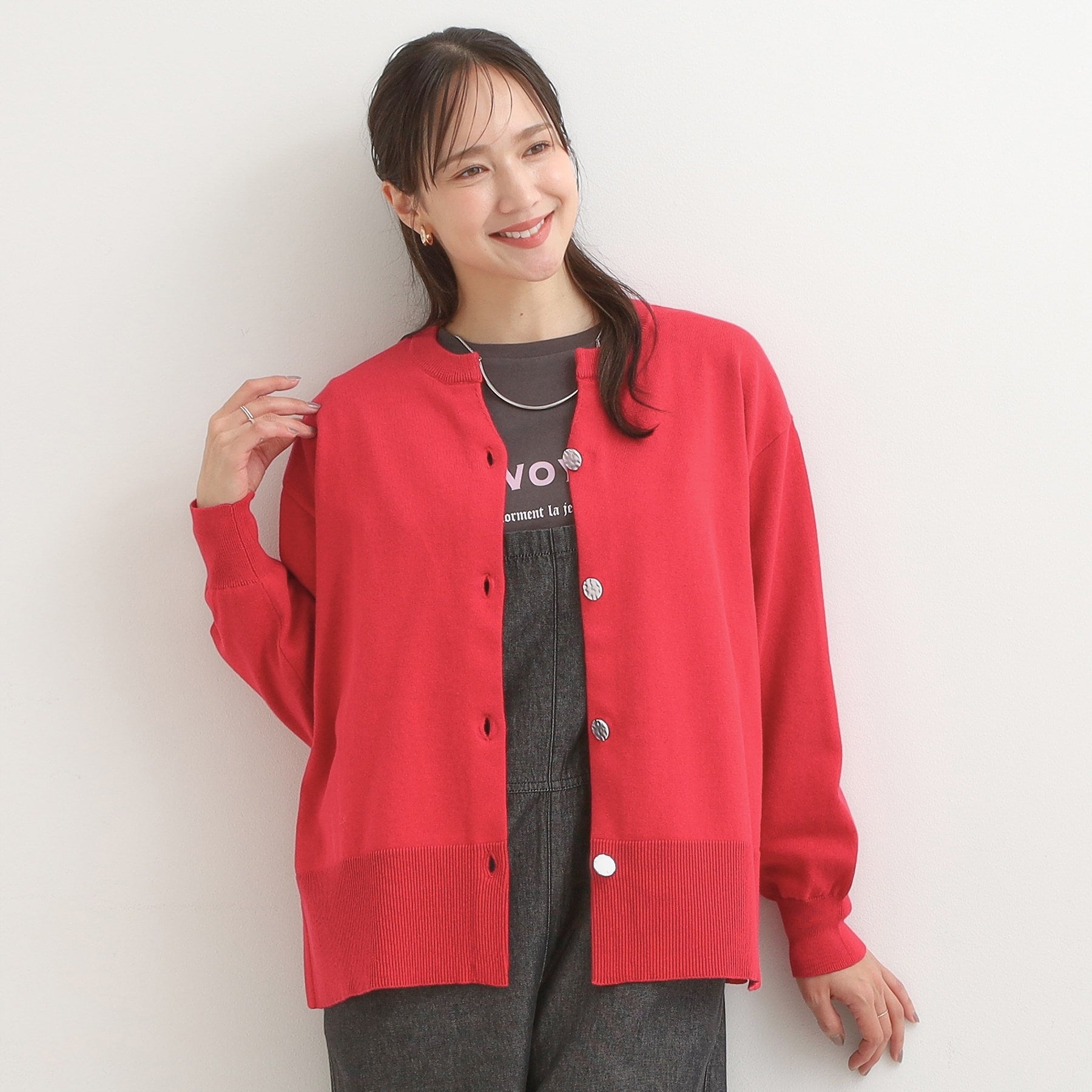 シューラルー SHOO・LA・RUE スウェットライク キーネックカーディガン (グリーン(022)) グリーン(022)