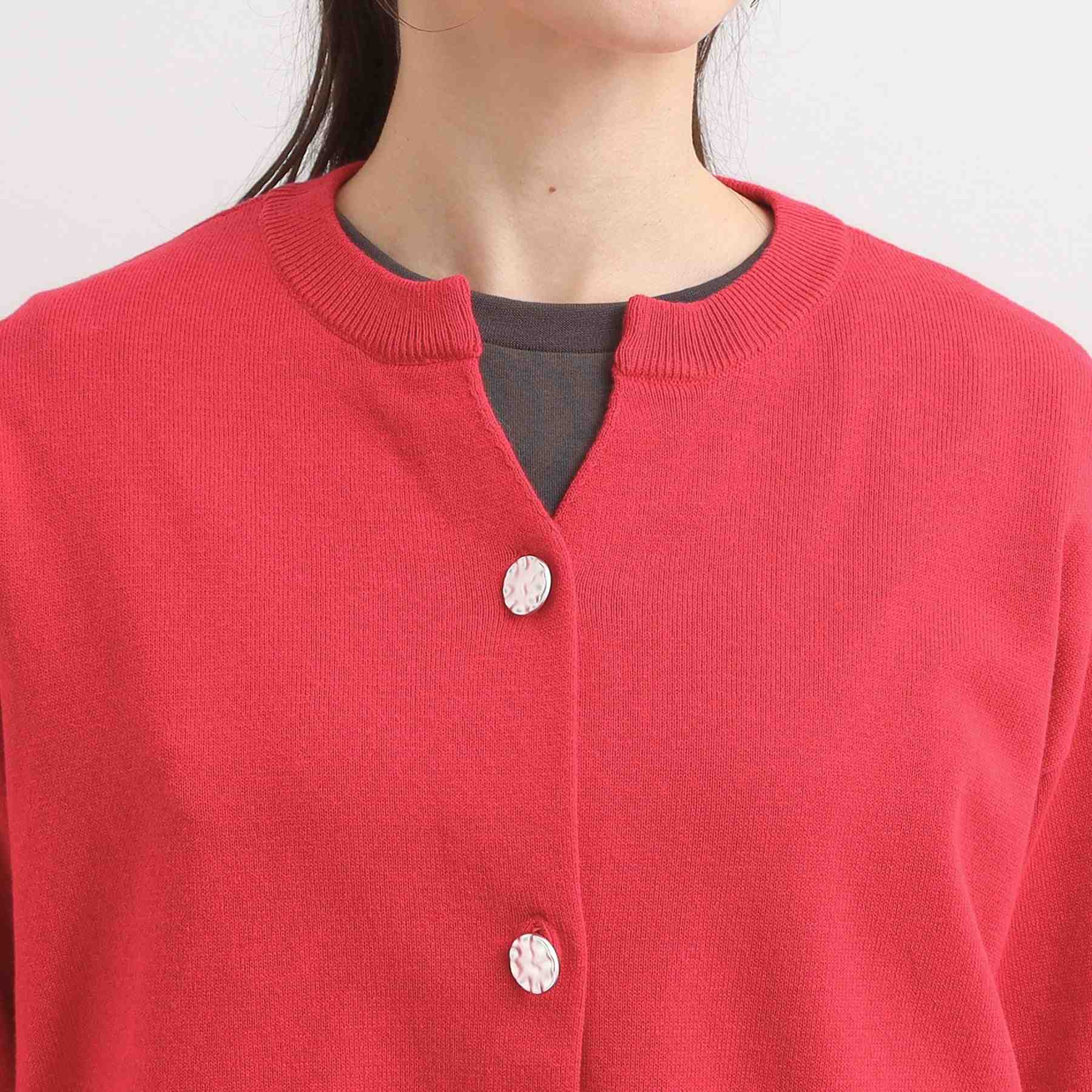 シューラルー SHOO・LA・RUE スウェットライク キーネックカーディガン (グリーン(022)) グリーン(022)