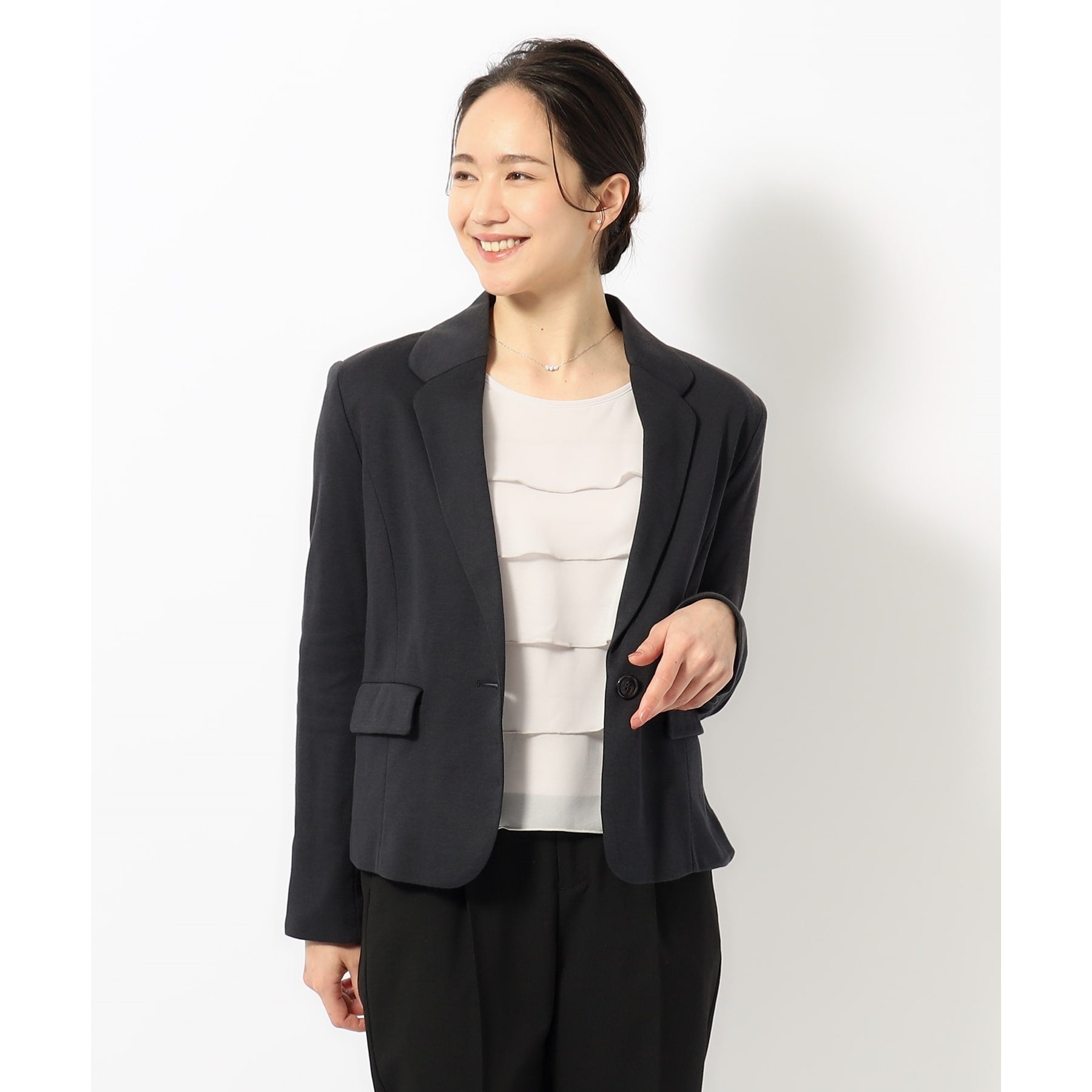 シューラルー SHOO・LA・RUE 【S-3L/手洗い可/ストレッチ】モックロディテーラードジャケット (ダークネイビー) ダークネイビー(094)