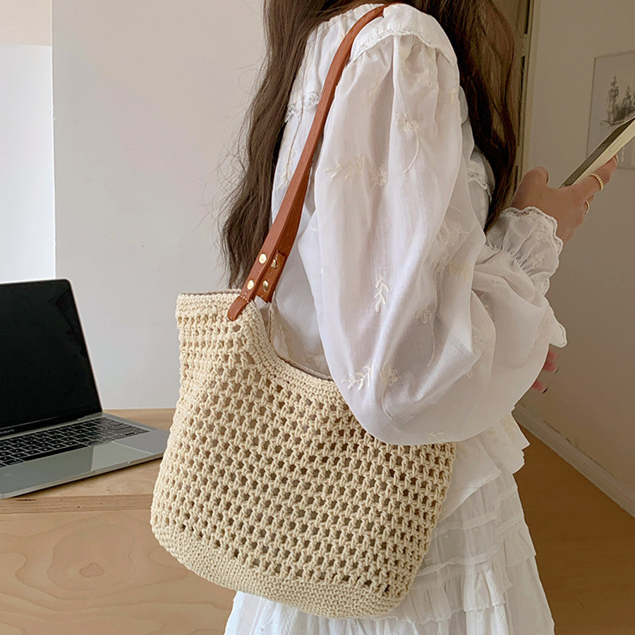 ショッピングゴー shoppinggo 編みバッグ レディース バッグ トートバッグ エコバッグ メッシュ かごバッグ 大容量 夏バッグ ネットバッグ 手提げ 肩掛け 無地 カジュアル デート (ベージュ) ベージュ