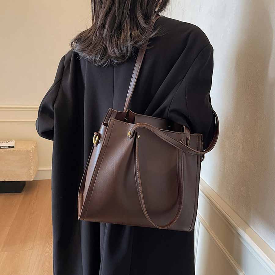 ショッピングゴー shoppinggo トートバッグ ショルダーバッグ 肩掛け BIGサイズ シンプル フェミニン お洒落 女性 大人 レディース カジュアル ばっぐ ママ 主婦 手提げバッグ ファスナー付き (ブラウン) ブラウン