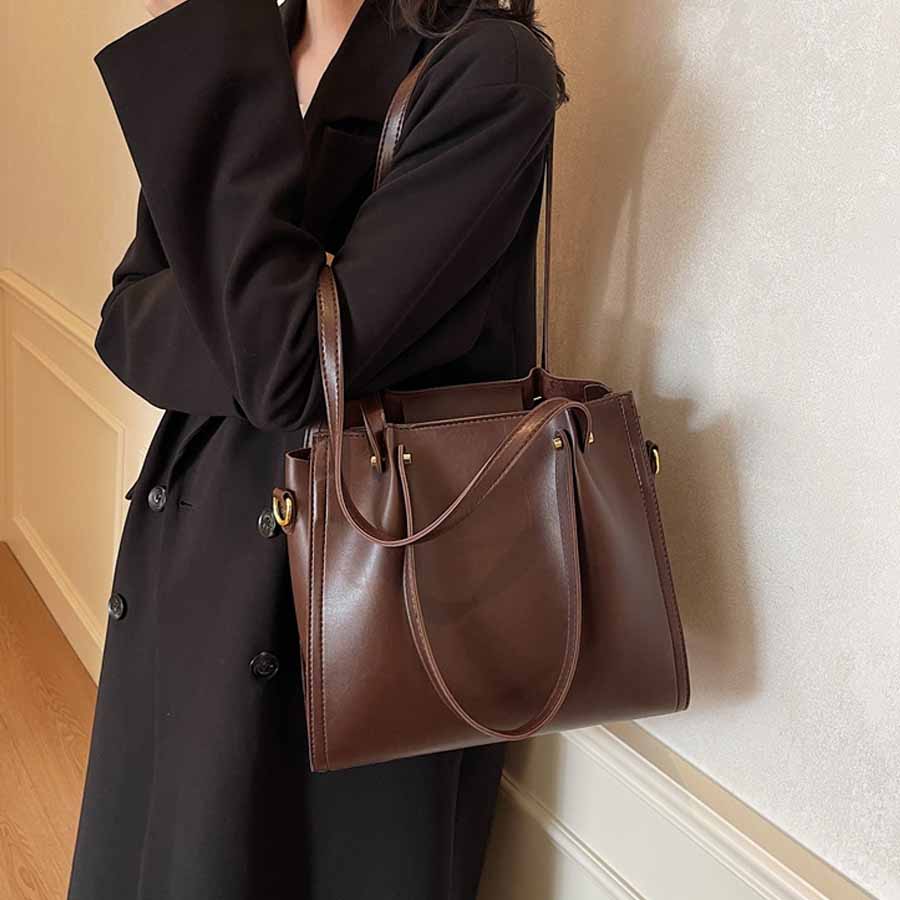 ショッピングゴー shoppinggo トートバッグ ショルダーバッグ 肩掛け BIGサイズ シンプル フェミニン お洒落 女性 大人 レディース カジュアル ばっぐ ママ 主婦 手提げバッグ ファスナー付き (ブラウン) ブラウン