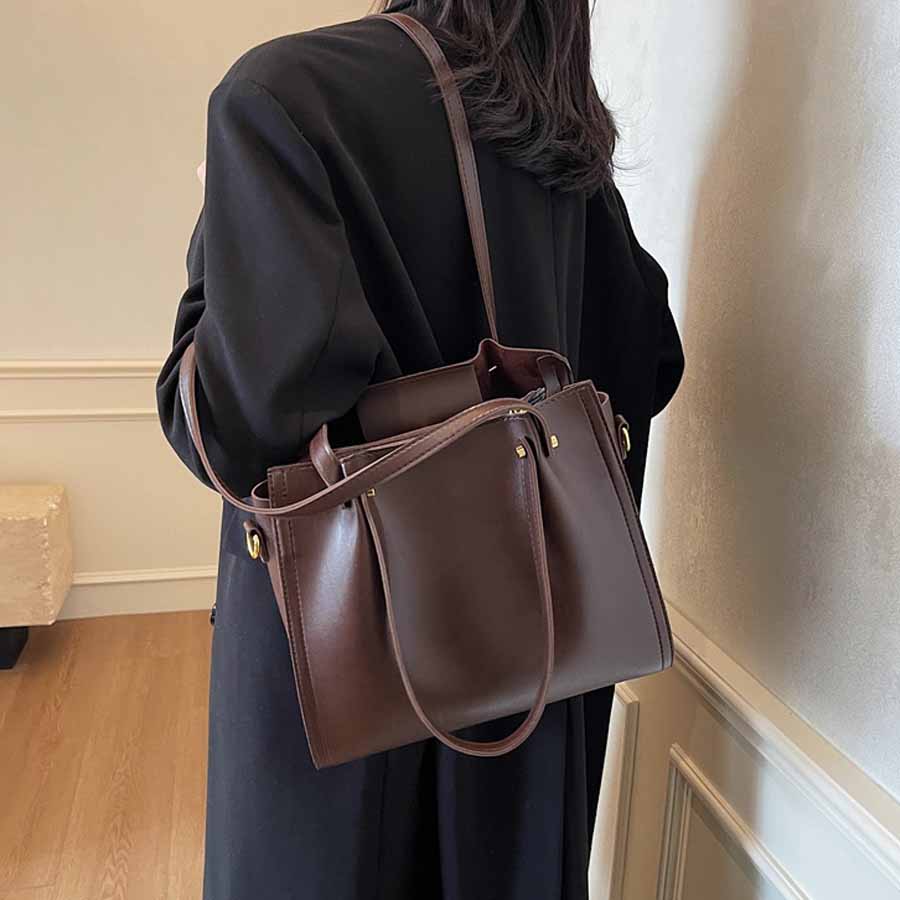 ショッピングゴー shoppinggo トートバッグ ショルダーバッグ 肩掛け BIGサイズ シンプル フェミニン お洒落 女性 大人 レディース カジュアル ばっぐ ママ 主婦 手提げバッグ ファスナー付き (ブラウン) ブラウン