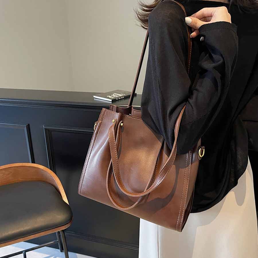 ショッピングゴー shoppinggo トートバッグ ショルダーバッグ 肩掛け BIGサイズ シンプル フェミニン お洒落 女性 大人 レディース カジュアル ばっぐ ママ 主婦 手提げバッグ ファスナー付き (ブラウン) ブラウン