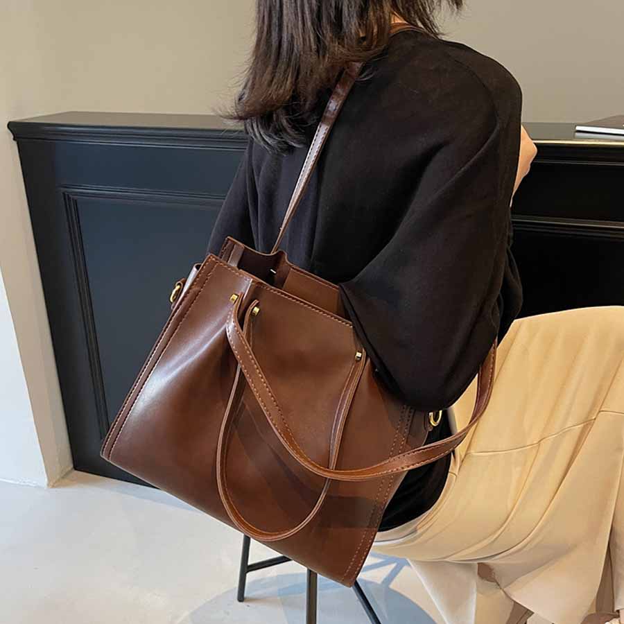 ショッピングゴー shoppinggo トートバッグ ショルダーバッグ 肩掛け BIGサイズ シンプル フェミニン お洒落 女性 大人 レディース カジュアル ばっぐ ママ 主婦 手提げバッグ ファスナー付き (ブラウン) ブラウン