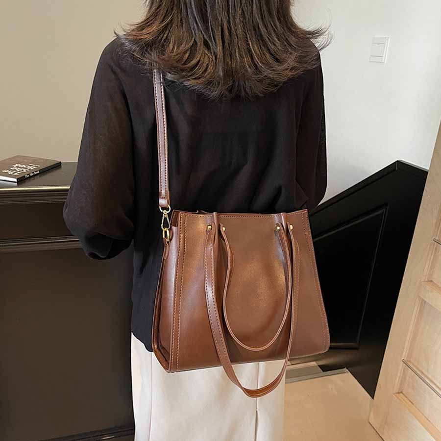 ショッピングゴー shoppinggo トートバッグ ショルダーバッグ 肩掛け BIGサイズ シンプル フェミニン お洒落 女性 大人 レディース カジュアル ばっぐ ママ 主婦 手提げバッグ ファスナー付き (ブラウン) ブラウン