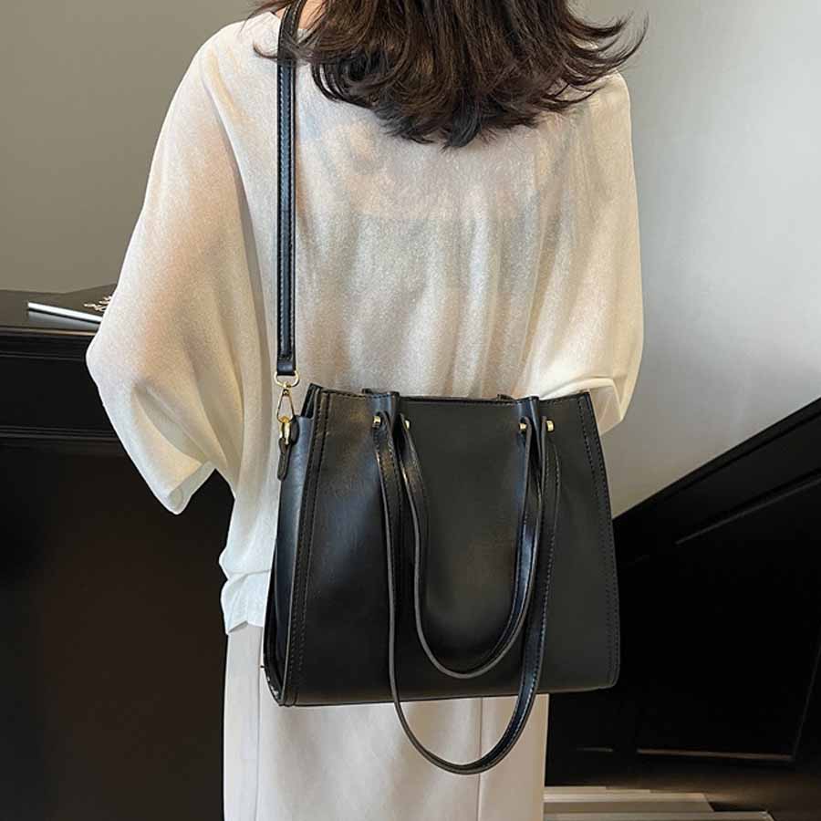 ショッピングゴー shoppinggo トートバッグ ショルダーバッグ 肩掛け BIGサイズ シンプル フェミニン お洒落 女性 大人 レディース カジュアル ばっぐ ママ 主婦 手提げバッグ ファスナー付き (ブラック) ブラック