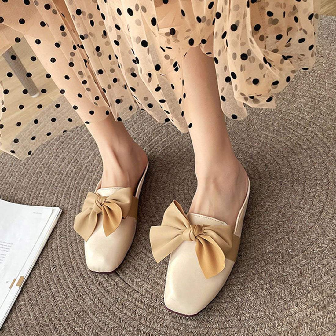 ショッピングゴー shoppinggo ミュールサンダル リボン ミュールパンプス ポインテッドトゥミュール レディース 美脚 スリッポンサンダル