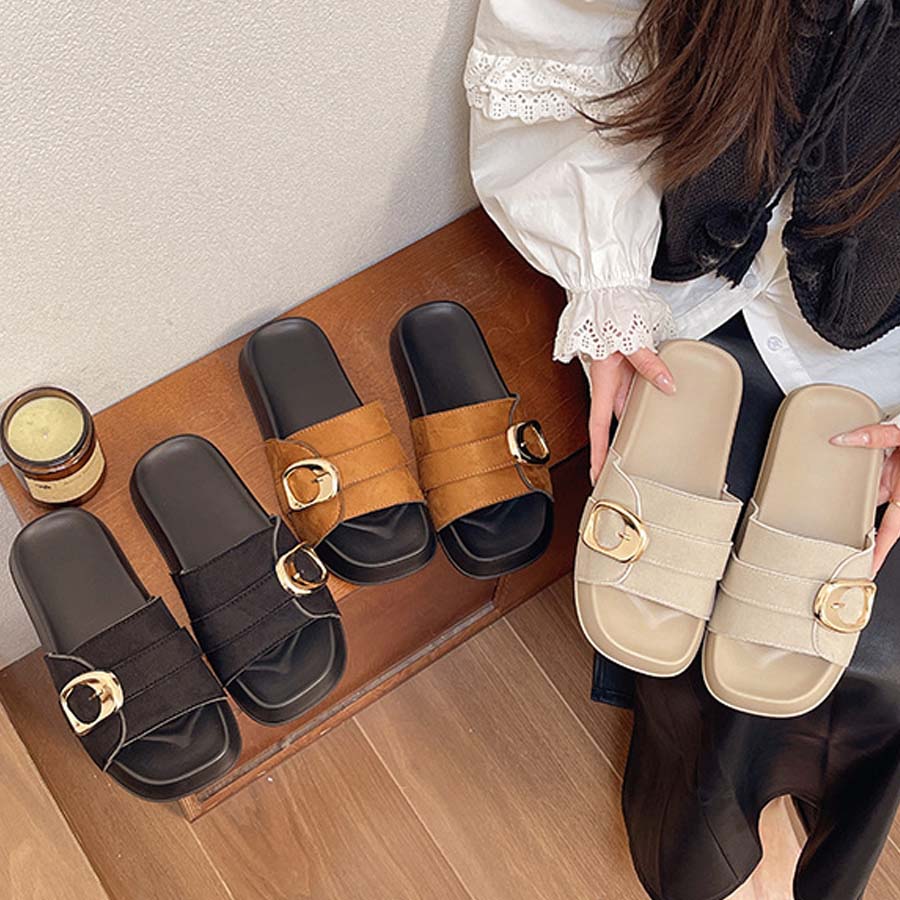 ショッピングゴー shoppinggo サンダル レディース スリッパ 履きやすい フラットサンダル ミュール 美脚 ぺたんこ 夏サンダル (キャメル) キャメル