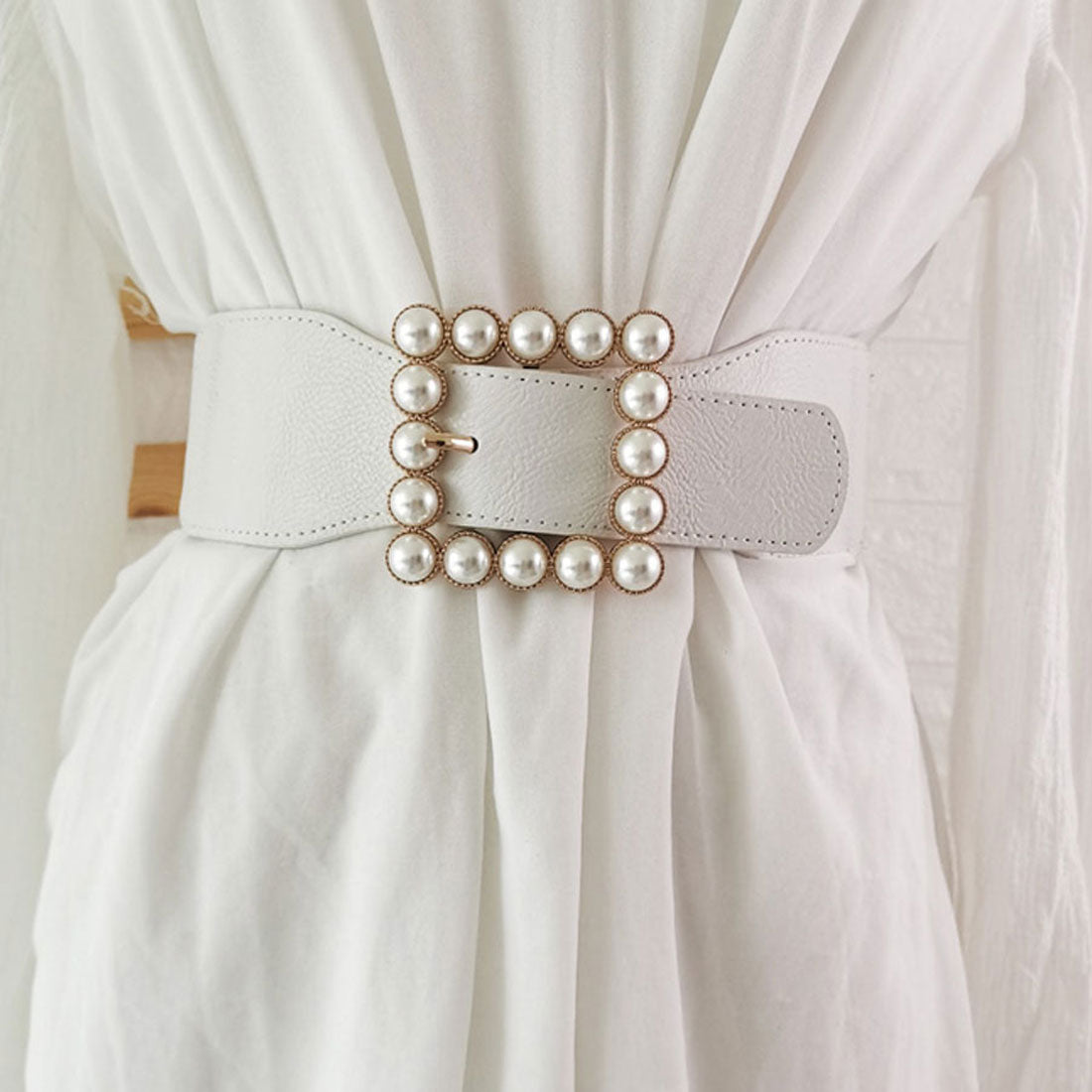 Shoppinggo Shoppinggo Elastic Belt for Women, Pearl, Wide, Thick Belt with Buckle, Slimming, Comfortable, Stylish