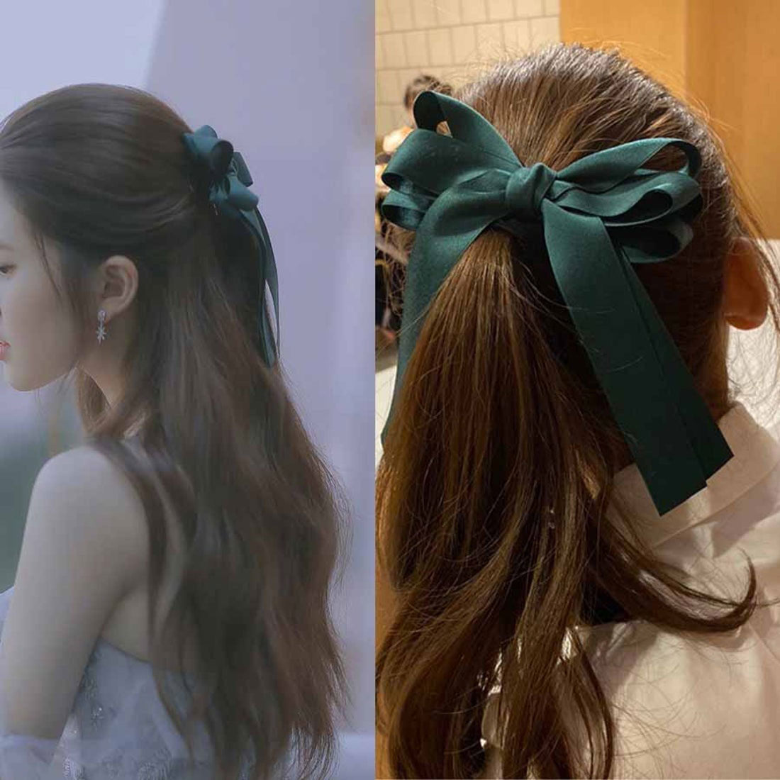 ショッピングゴー shoppinggo リボンバレッタ ヘアクリップ ヘアアクセ ダブル 清楚 ガーリー エレガント ヘアピン ビックリボンヘアバレッタ かわいい (グリーン) グリーン