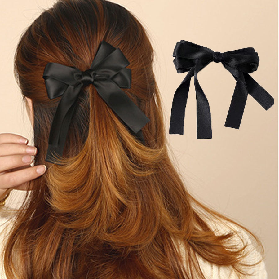 ショッピングゴー shoppinggo リボンバレッタ ヘアクリップ ヘアアクセ ダブル 清楚 ガーリー エレガント ヘアピン ビックリボンヘアバレッタ かわいい (ブラック) ブラック