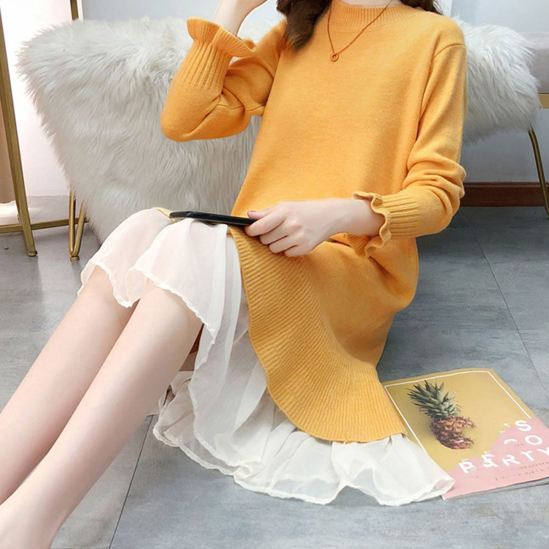 ショッピングゴー shoppinggo ニットワンピース 秋冬 マキシ丈ワンピース きれいめ 長袖 厚手 長袖 切り替え 通勤 韓国風 ゆったり