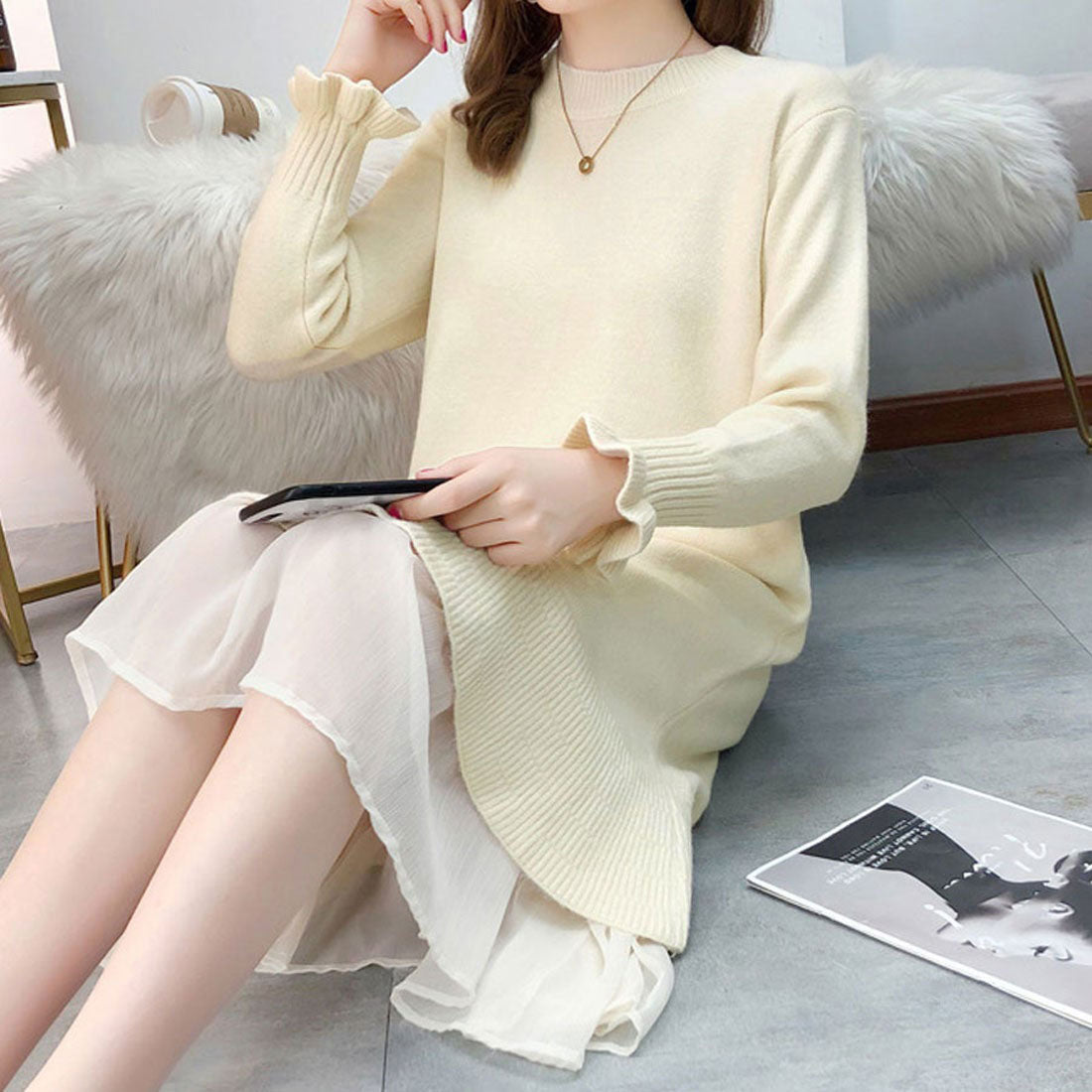 Shoppinggo Shoppinggo Knit Dress, Autumn/Winter, Maxi Dress, Pretty, Long Sleeves, Thick, Long Sleeves, Switching, Commuting, Korean Style, Loose