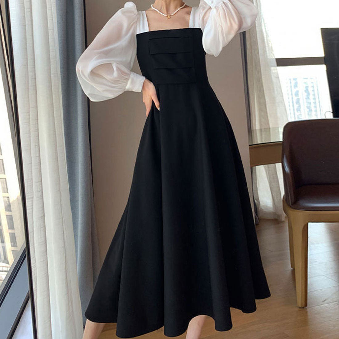 fitted lace wedding dress Shoppinggo Shoppinggo One-Piece Dress Boat Neck Long Flare Dress Below The Knee Adult Neat Plain Stylish Office Ladies