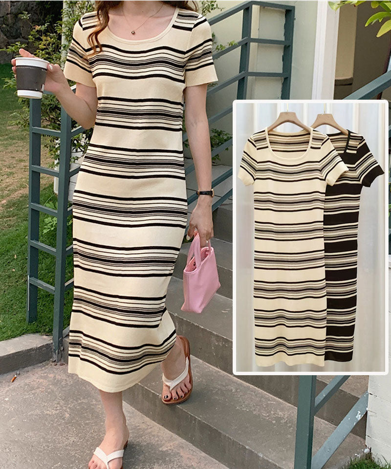 ショッピングゴー shoppinggo ニットワンピース ボーダー柄 ロング丈 半袖 スクエアネック マキシ丈 フェミニン 切り替え レトロ レデイーズ 韓国ファッション