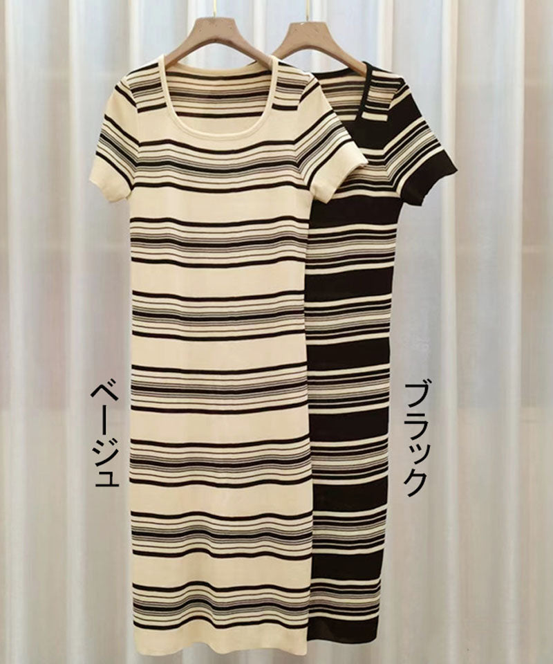 ショッピングゴー shoppinggo ニットワンピース ボーダー柄 ロング丈 半袖 スクエアネック マキシ丈 フェミニン 切り替え レトロ レデイーズ 韓国ファッション