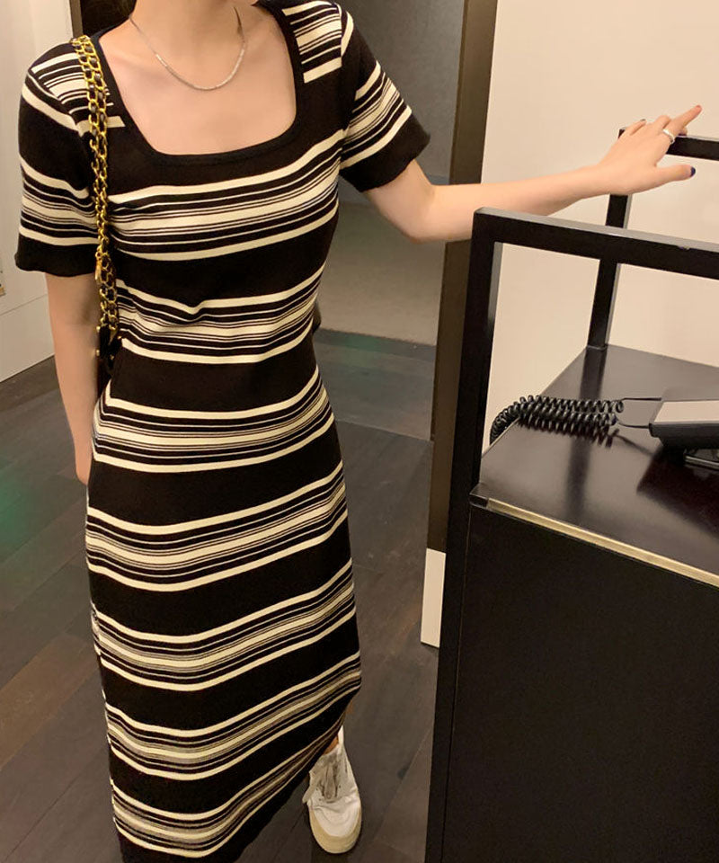 ショッピングゴー shoppinggo ニットワンピース ボーダー柄 ロング丈 半袖 スクエアネック マキシ丈 フェミニン 切り替え レトロ レデイーズ 韓国ファッション