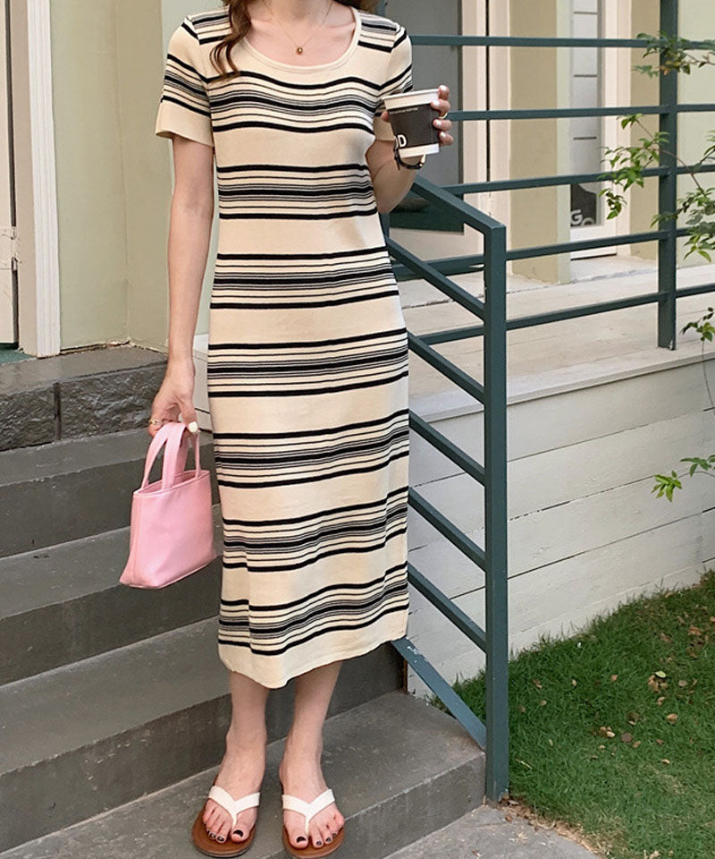 ショッピングゴー shoppinggo ニットワンピース ボーダー柄 ロング丈 半袖 スクエアネック マキシ丈 フェミニン 切り替え レトロ レデイーズ 韓国ファッション