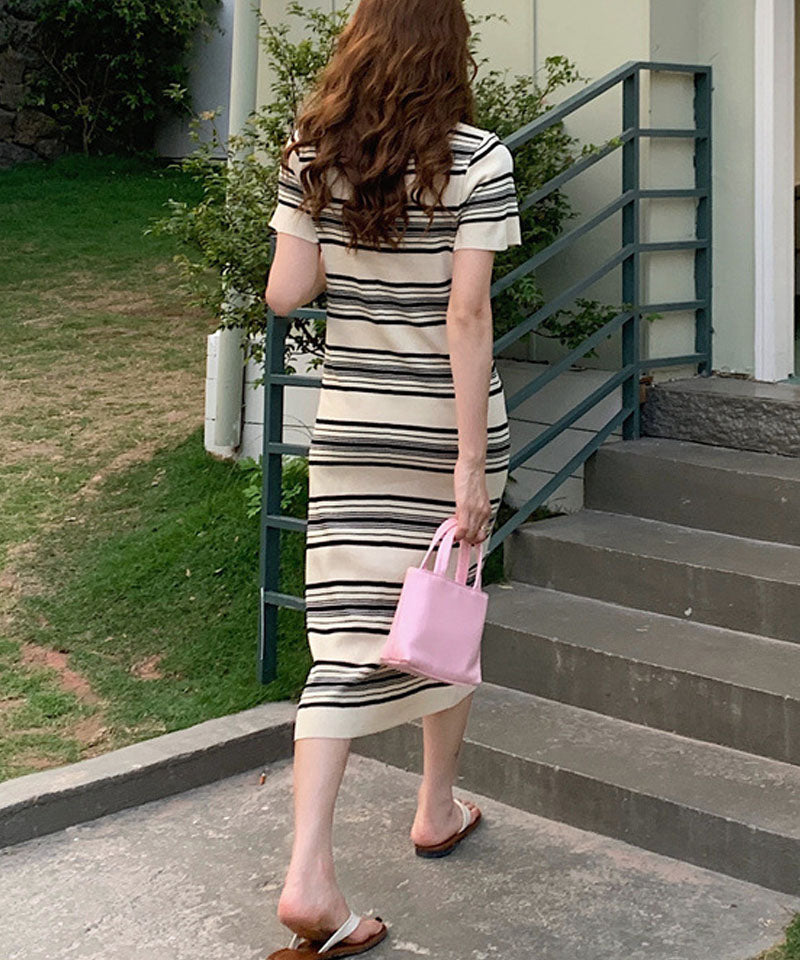 ショッピングゴー shoppinggo ニットワンピース ボーダー柄 ロング丈 半袖 スクエアネック マキシ丈 フェミニン 切り替え レトロ レデイーズ 韓国ファッション