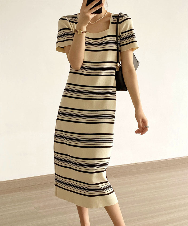 ショッピングゴー shoppinggo ニットワンピース ボーダー柄 ロング丈 半袖 スクエアネック マキシ丈 フェミニン 切り替え レトロ レデイーズ 韓国ファッション