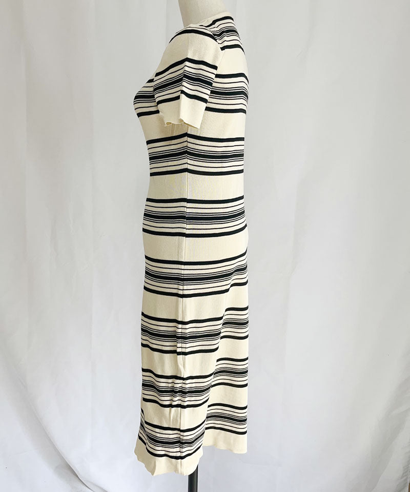 ショッピングゴー shoppinggo ニットワンピース ボーダー柄 ロング丈 半袖 スクエアネック マキシ丈 フェミニン 切り替え レトロ レデイーズ 韓国ファッション