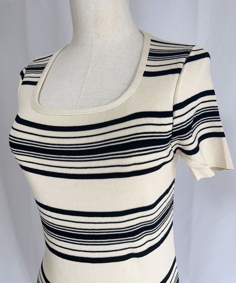 ショッピングゴー shoppinggo ニットワンピース ボーダー柄 ロング丈 半袖 スクエアネック マキシ丈 フェミニン 切り替え レトロ レデイーズ 韓国ファッション