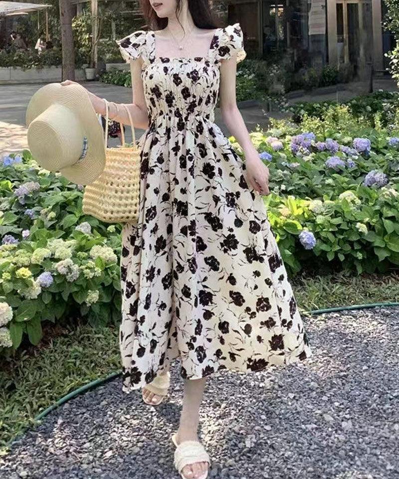 Shoppinggo One-Piece Floral Square Neck Gathered Sleeveless Dress Ruffle Summer Dress Adult Midi Length A-Line Date Outing Office Formal
