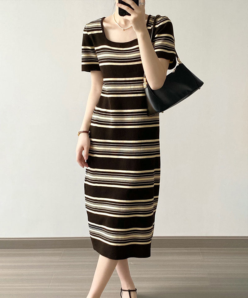 ショッピングゴー shoppinggo ニットワンピース ボーダー柄 ロング丈 半袖 スクエアネック マキシ丈 フェミニン 切り替え レトロ レデイーズ 韓国ファッション,ブラック