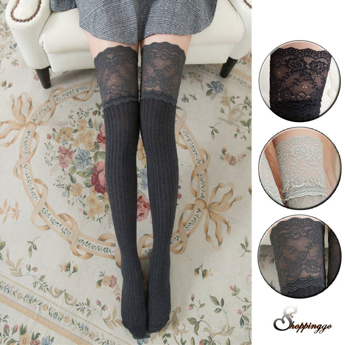 ショッピングゴー shoppinggo ニーハイソックス レース ストッキング ハイソックス リブ編み あったか 靴下 カワイイ キレイ 女の子
