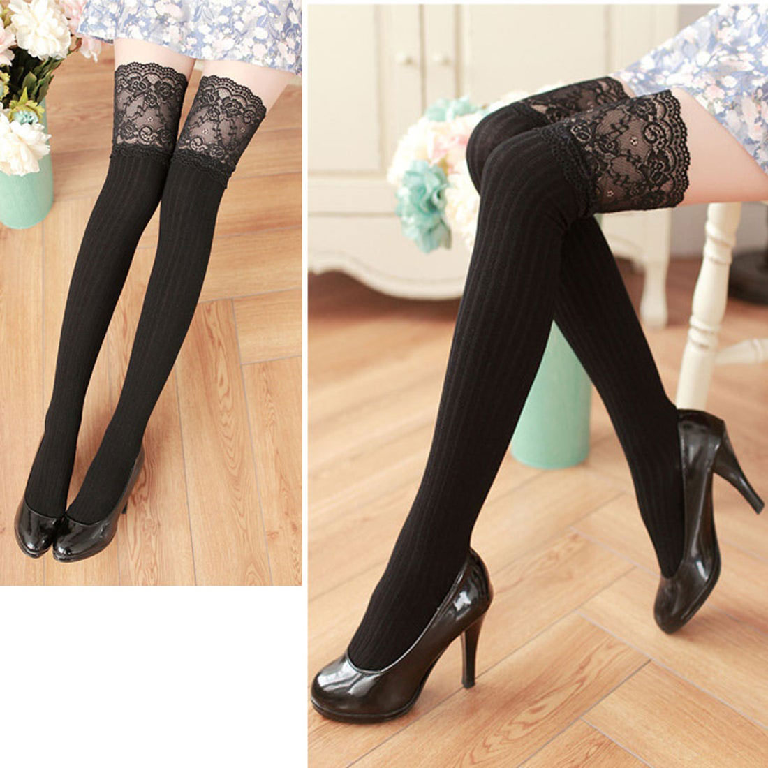 ショッピングゴー shoppinggo ニーハイソックス レース ストッキング ハイソックス リブ編み あったか 靴下 カワイイ キレイ 女の子